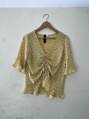 Yellow Floral Ruched Front Women's Top